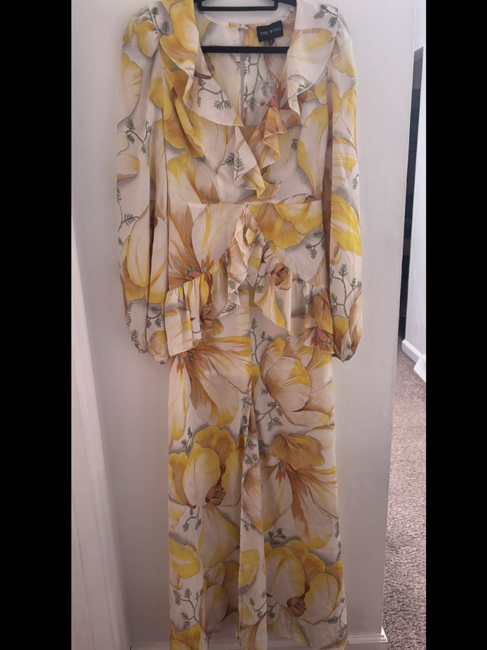 The Sang Floral Ruffle Long-Sleeve Dress in Yellow and Cream